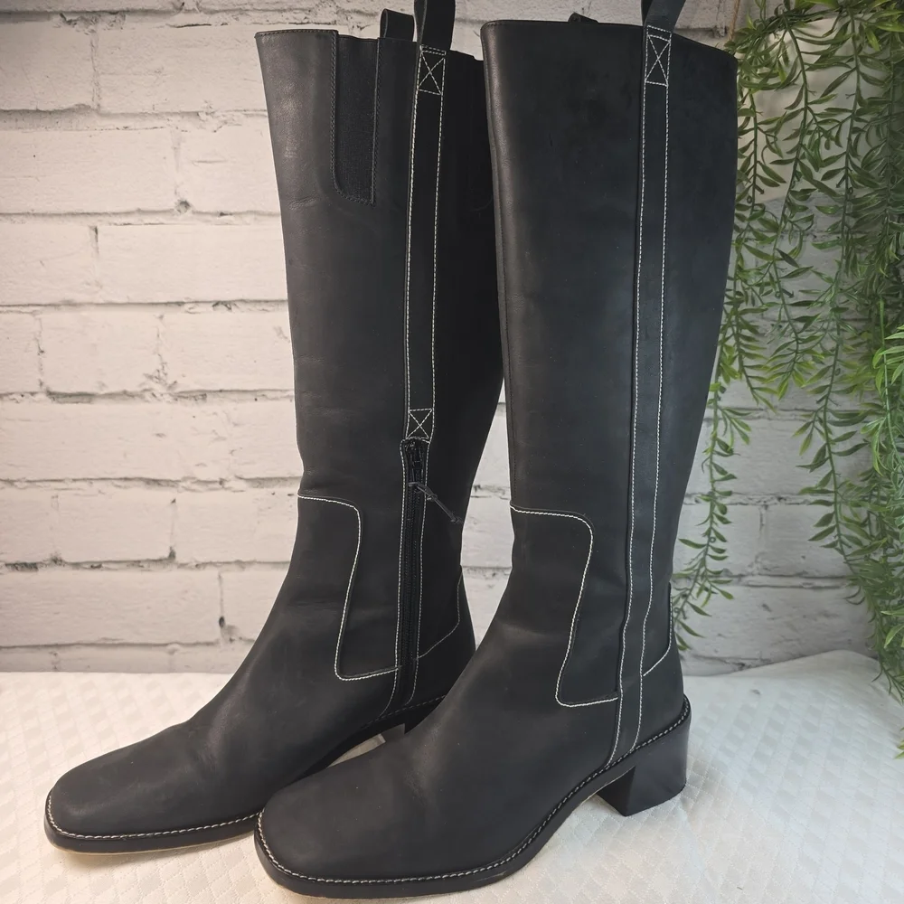 DONALD PLINER CLASSIC DARK CHARCOL RIDING BOOTS 1/2 ZIP SQUARE TOE WOMENS 7